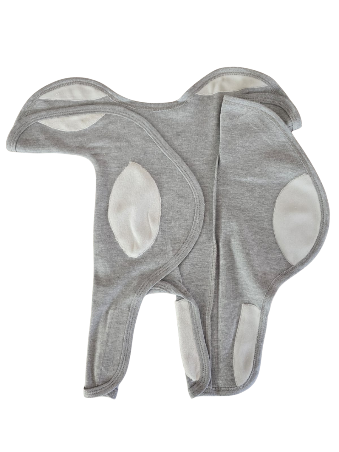 Gray baby outfit with white accents on a white background