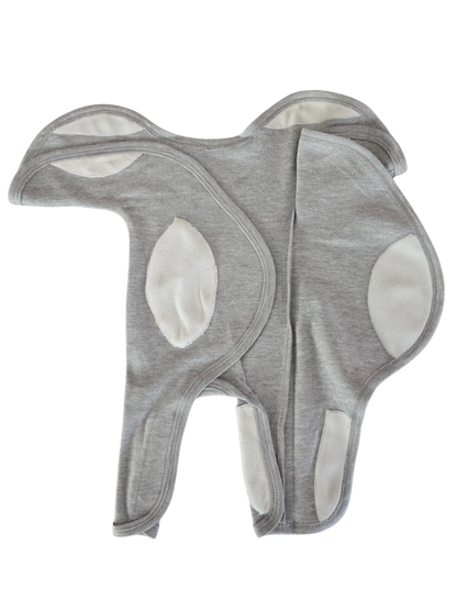 Gray baby outfit with white accents on a white background