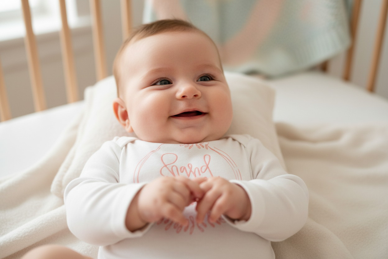 White baby onesie with 'Handmade with Love' text on a white background