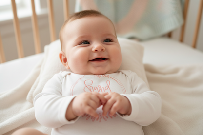 White baby onesie with 'Handmade with Love' text on a white background