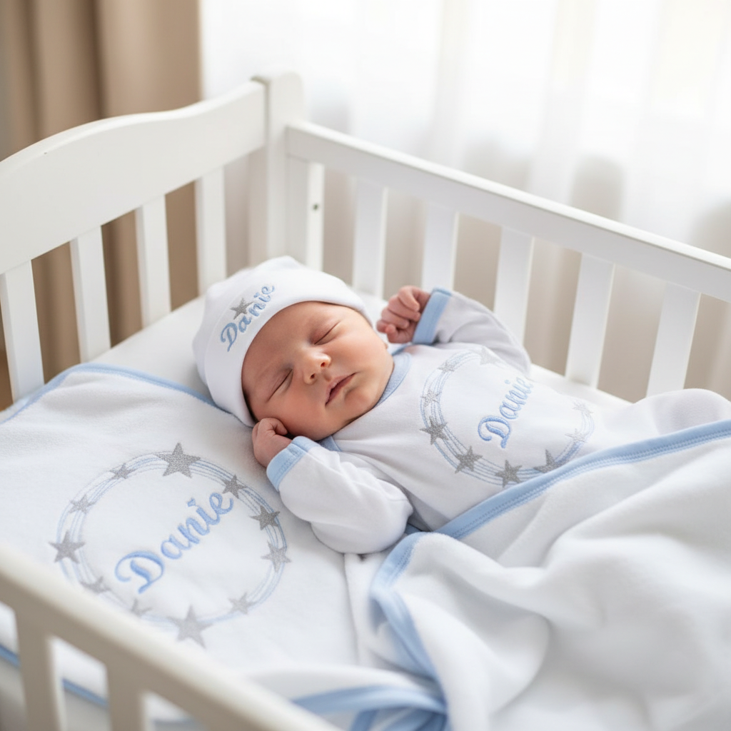 Baby clothing set with 'Danie' branding on a woven surface