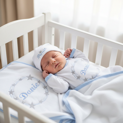 Baby clothing set with 'Danie' branding on a woven surface