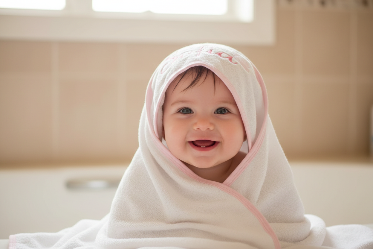White hooded towel with pink trim and personalised embroidered name on a white background