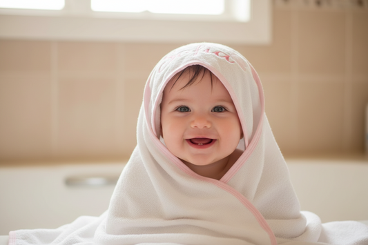 White hooded towel with pink trim and personalised embroidered name on a white background