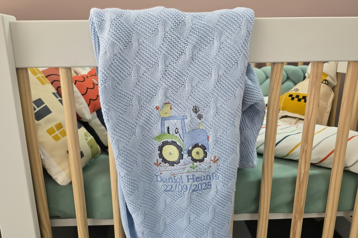 Blue knitted blanket with a tractor design and text on a crib