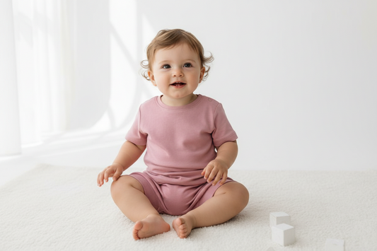 Baby wearing a pink outfit sitting on a white surface