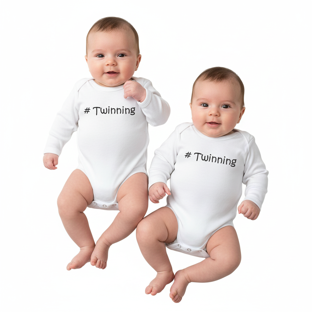 Two white baby onesies with '#Twinning' text on a white background