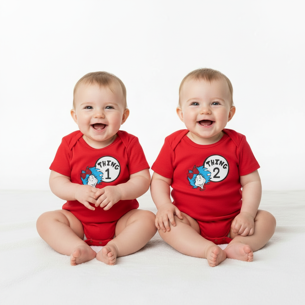 Red baby onesies with 'Thing 1' and 'Thing 2' designs on a white background