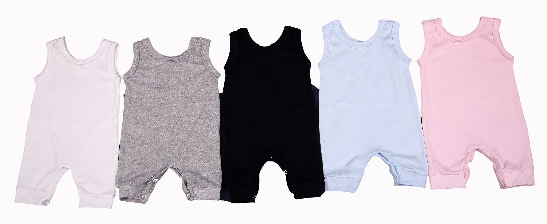 100% Cotton Blank Sleeveless Baby Rompers In Mixed Colours - Little Lumps
