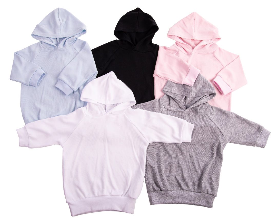A collection of long sleeved baby hoodies in various colors including pink, blue, white, grey, and black, all featuring a hood and ribbed waist and cuffs.