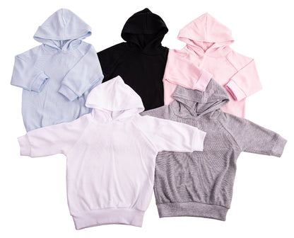 A collection of long sleeved baby hoodies in various colors including pink, blue, white, grey, and black, all featuring a hood and ribbed waist and cuffs.