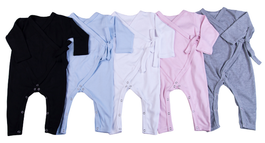 100% Cotton Infant Kimono Babygro in black, bue, white, pink and grey
